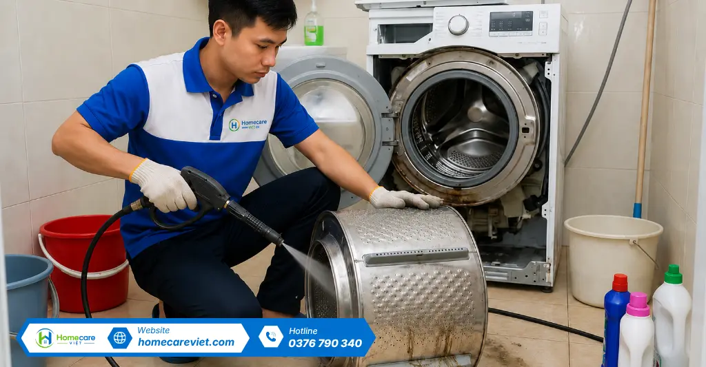 Quy trình vệ sinh máy giặt chuyên nghiệp tại Homecare Việt