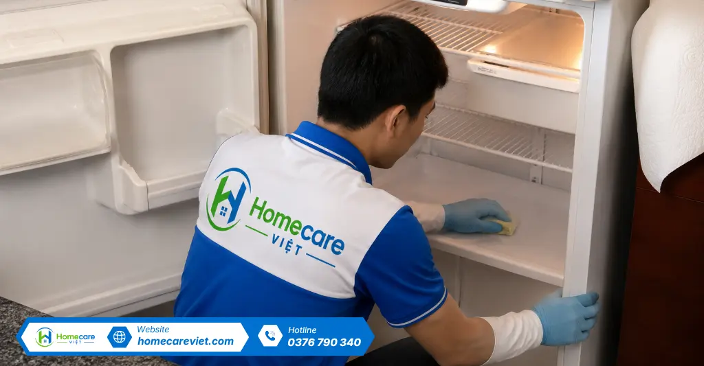 Vệ sinh tủ lạnh tại phường 5, quận Phú Nhuận, TP.HCM Sau thời gian dài sử dụng, bên trong tủ lạnh xuất hiện nhiều vết bám và mùi thực phẩm. Kỹ thuật viên Homecare Việt tiến hành vệ sinh toàn bộ k