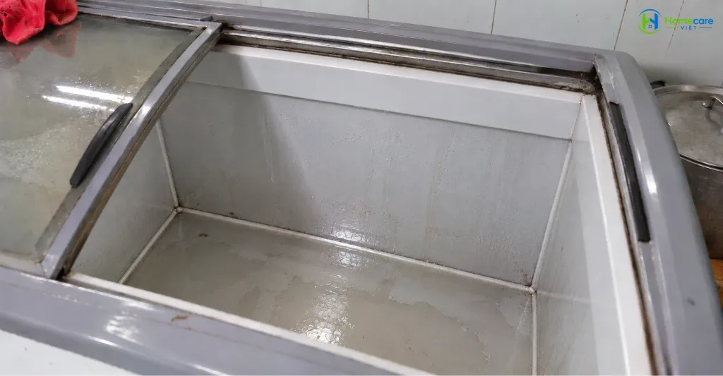 Hiện trạng bên trong tủ đông không đông, đá chảy nước và bốc mùi ẩm